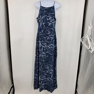 Betro Simone Navy White Marble Print Maxi Dress Large Sleeveless Slit Boho Artsy